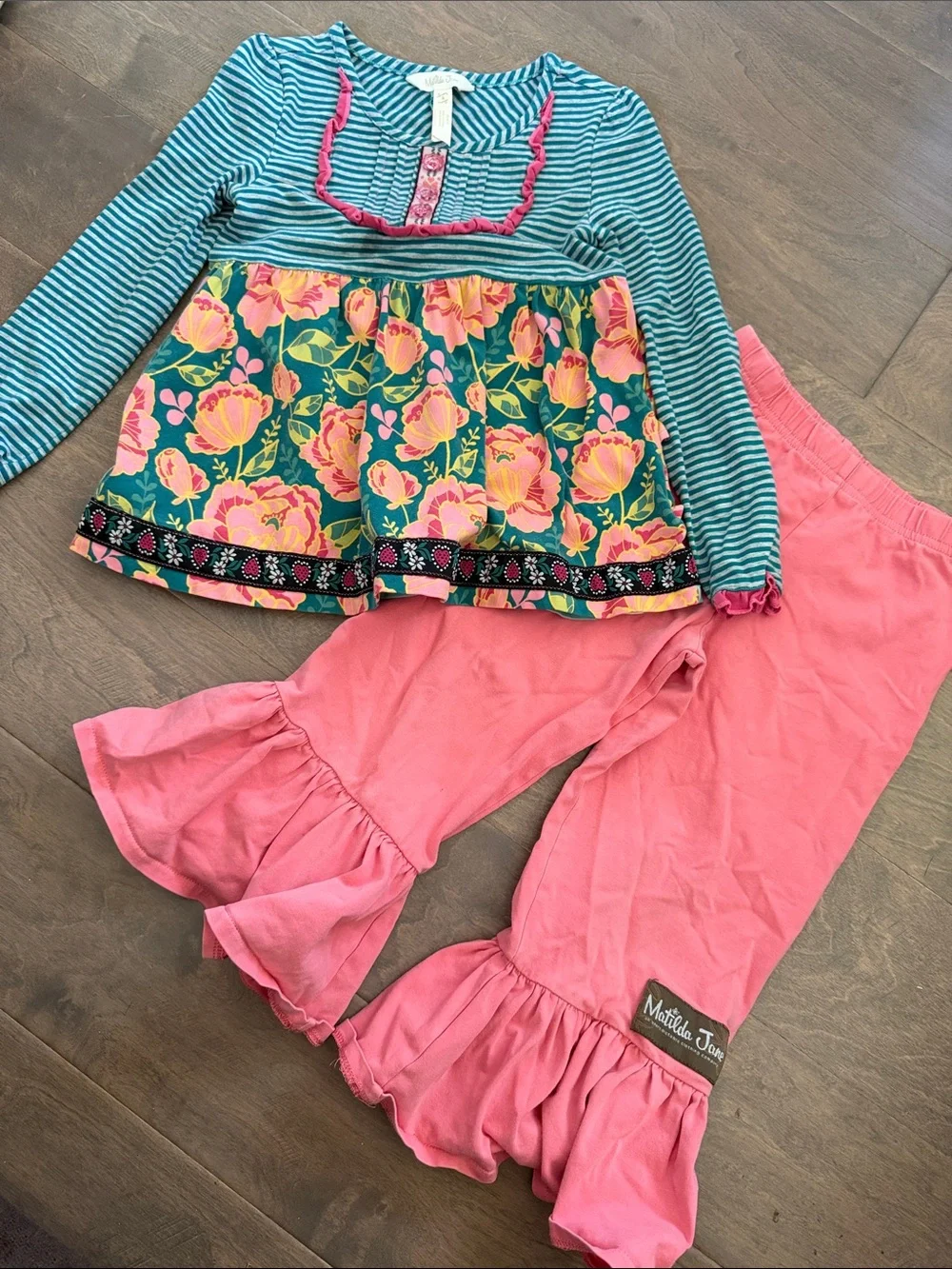 Matilda Jane Teal Stripe & Pink Floral Two-Piece Outfit